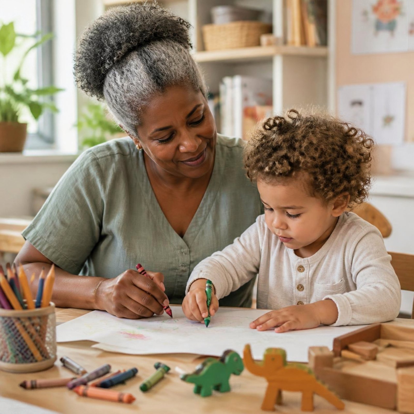 A nanny drawing with a toddler at a table full of crayons