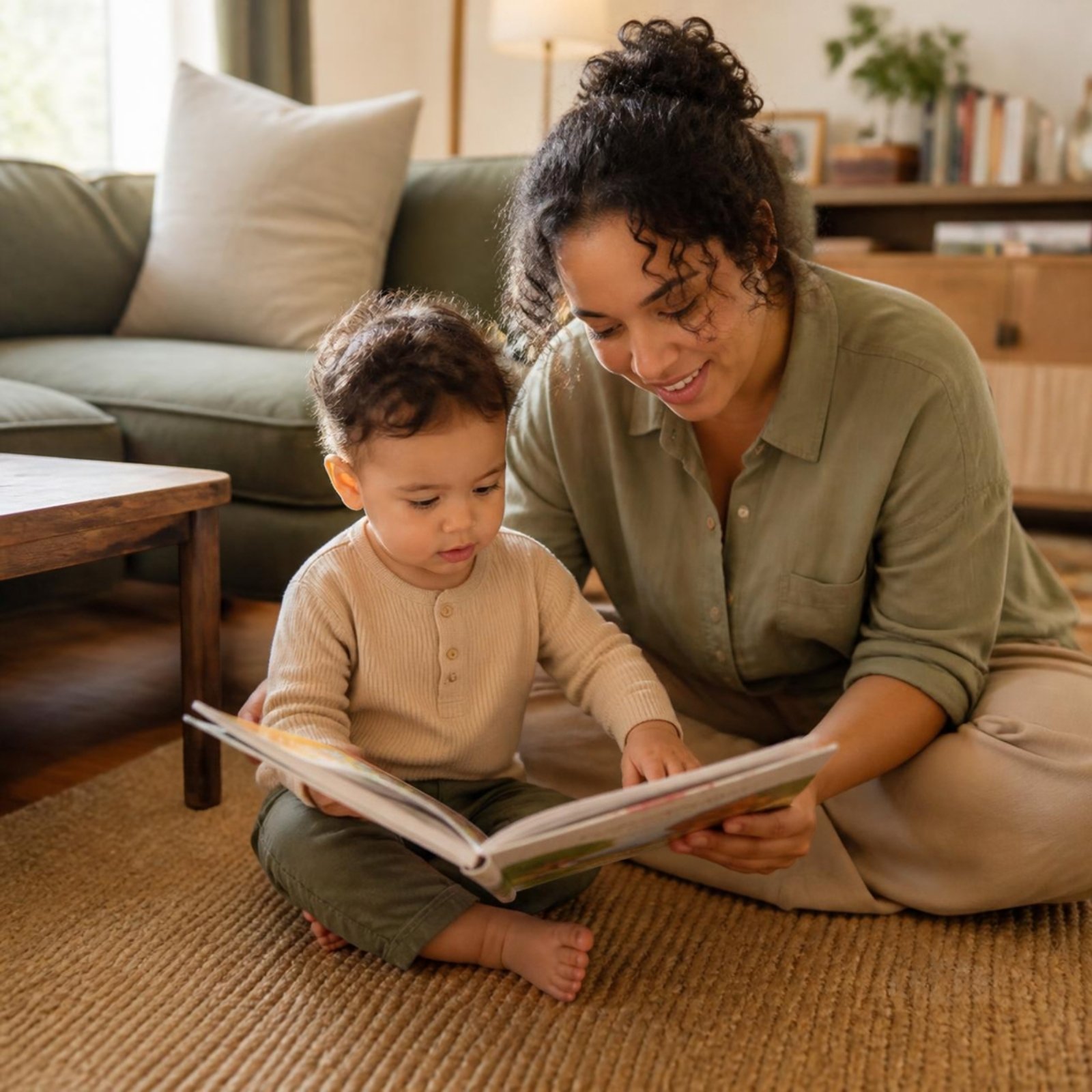 A nanny sitting on a living room rug reading a picture book with a toddler.