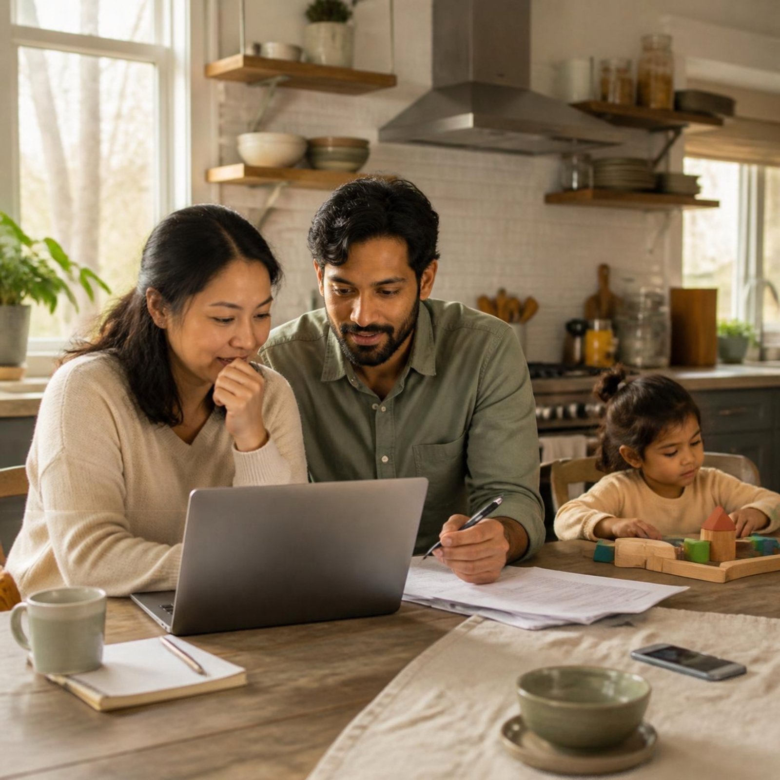 A couple at the kitchen table planning their nanny search while their daughter plays